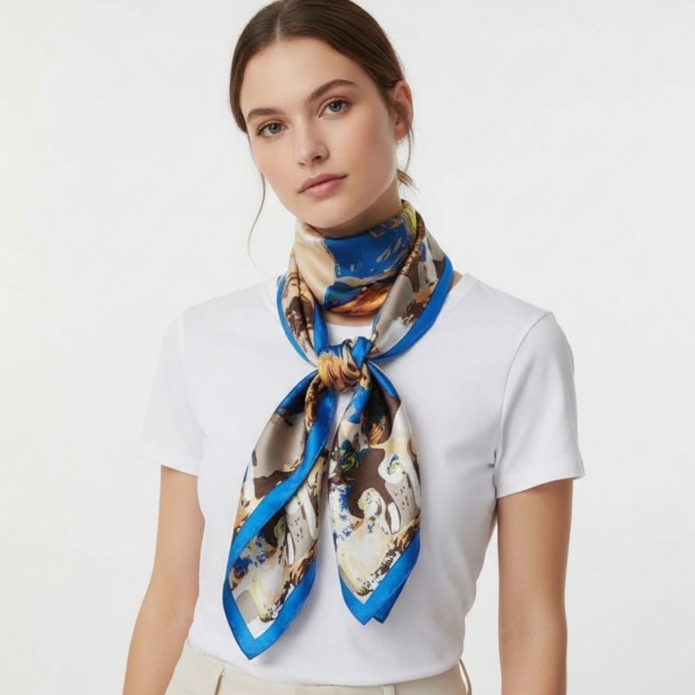 New without tags silk scarf blue, yellow, beige